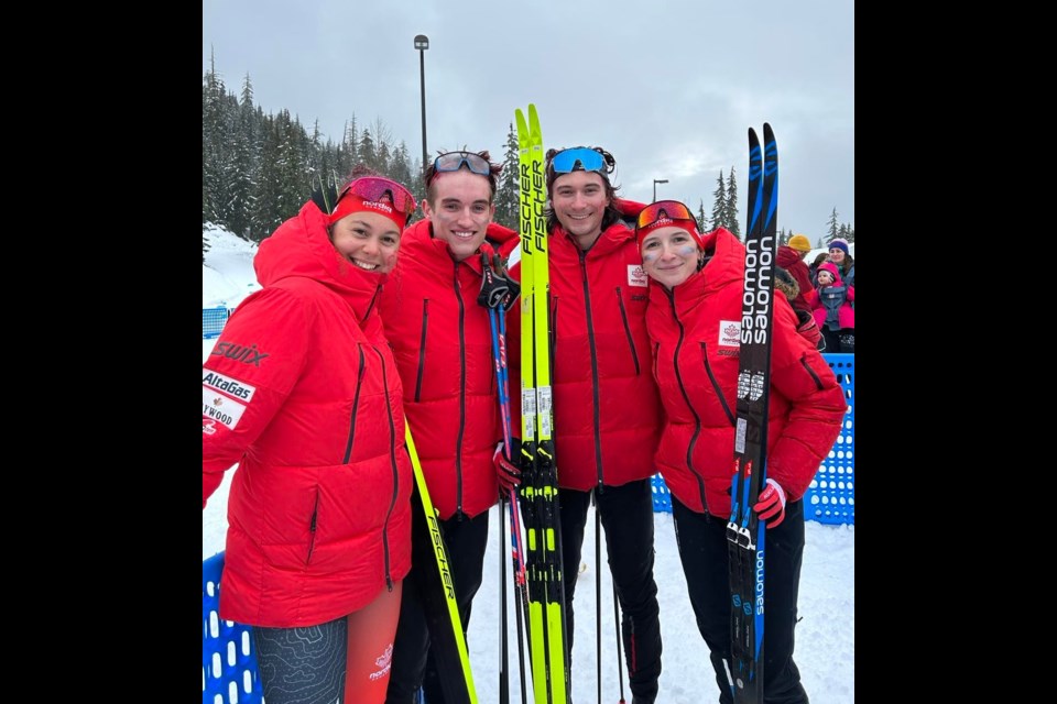 Left to right: Jasmine Lyons, Sasha Masson, Remi Drolet and Liliane Gagnon of Team Canada at the Nordic Ski World Juniors on Feb. 4, 2023. 
