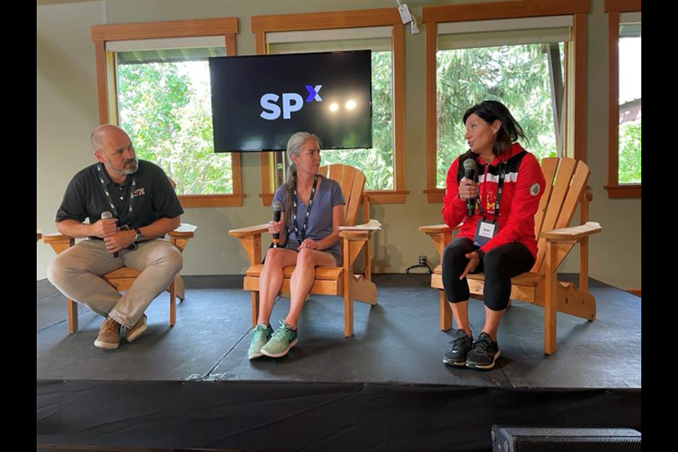 Former Whistler Adaptive Sports Program executive director Chelsey Walker, centre, moderates an Invictus Games panel with Bill Cooper of the TTG Group and Invictus Games alum Mimi Poulin at Sponsorship X in August.