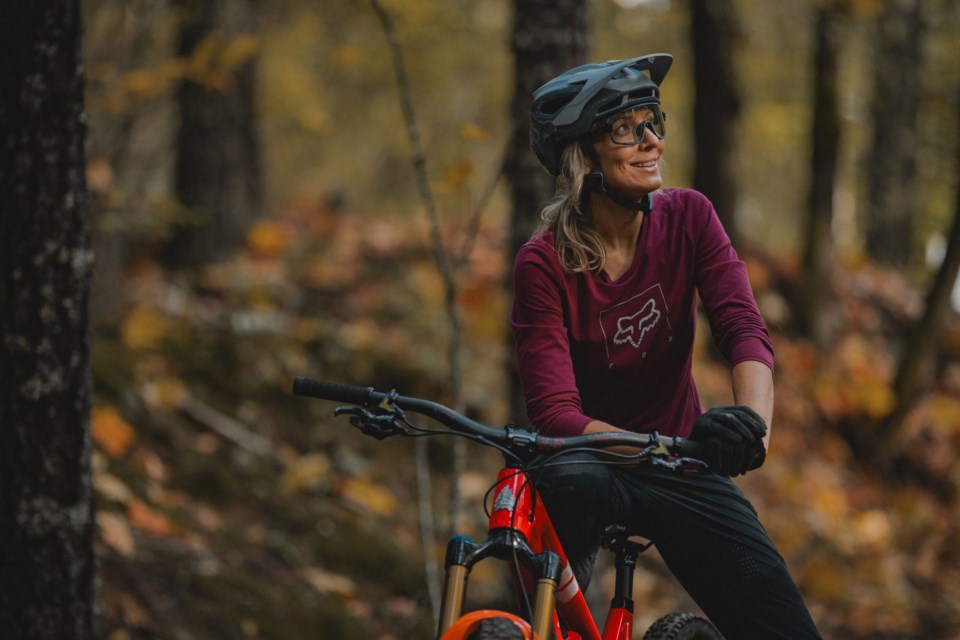 Retired World Cup downhill biker Claire Buchar rides to raise money for ovarian cancer research in Squamish on April 6, 2024. 
