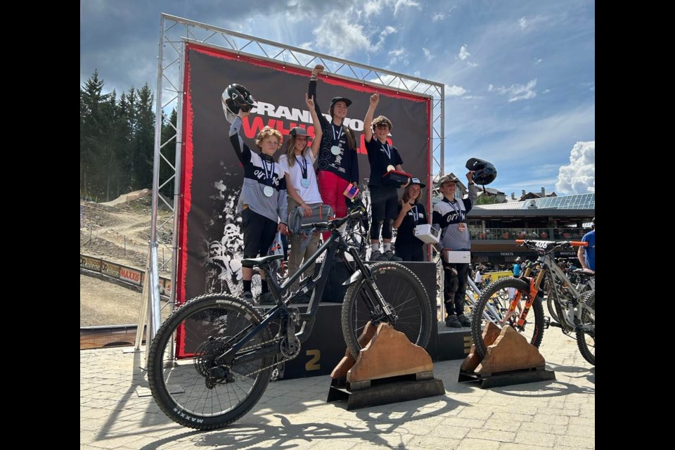 2023 Crankworx U15 dual slalom medallists, left to right: Colter Knecht, Caileigh Koppang, Cami Bragg, Camden Rutherfurd, Addison Rutherfurd, Boston Bryant.