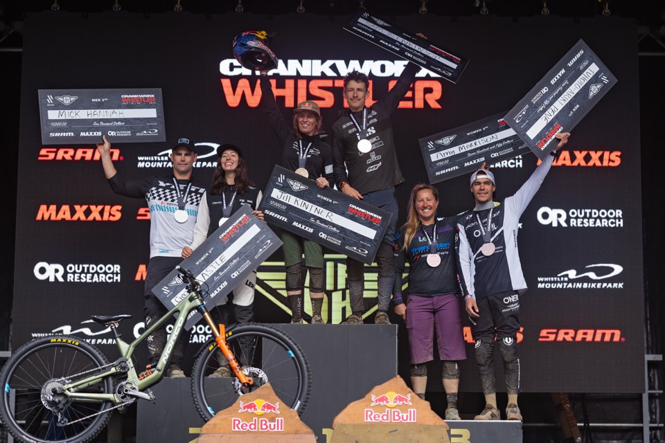 Crankworx 2023 Air DH pro medallists, left to right: Mick Hannah, Georgia Astle, Jill Kintner, Sam Blenkinsop, Amy Morrison, Tuhoto-Ariki Pene.