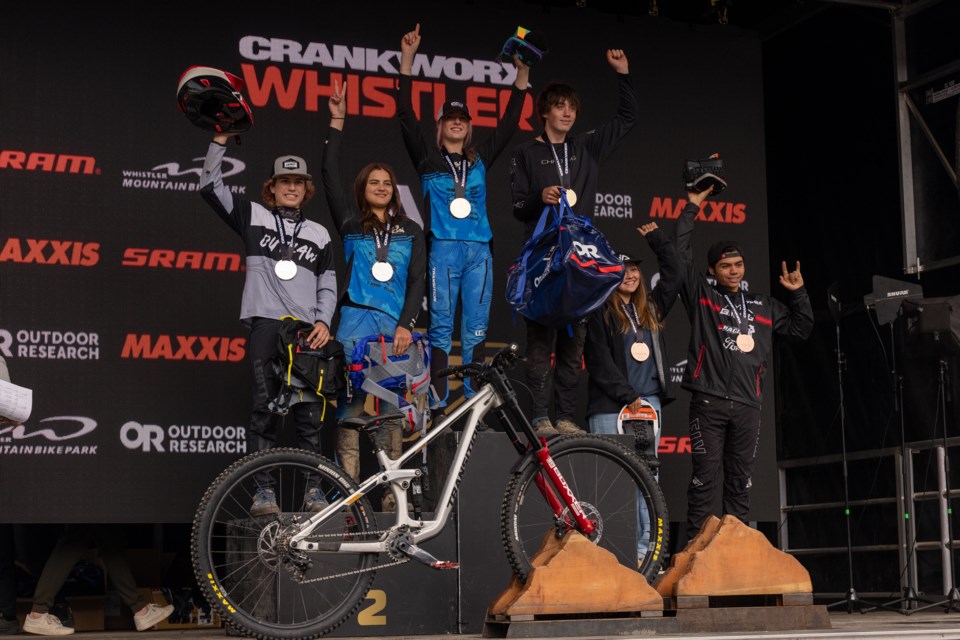 2023 Crankworx U17 Air DH medallists, left to right: Cohen Bundy, Matilda Melton, Aletha Ostgaard, Mason Cruickshanks, Mhairi Smart, Max Caro.