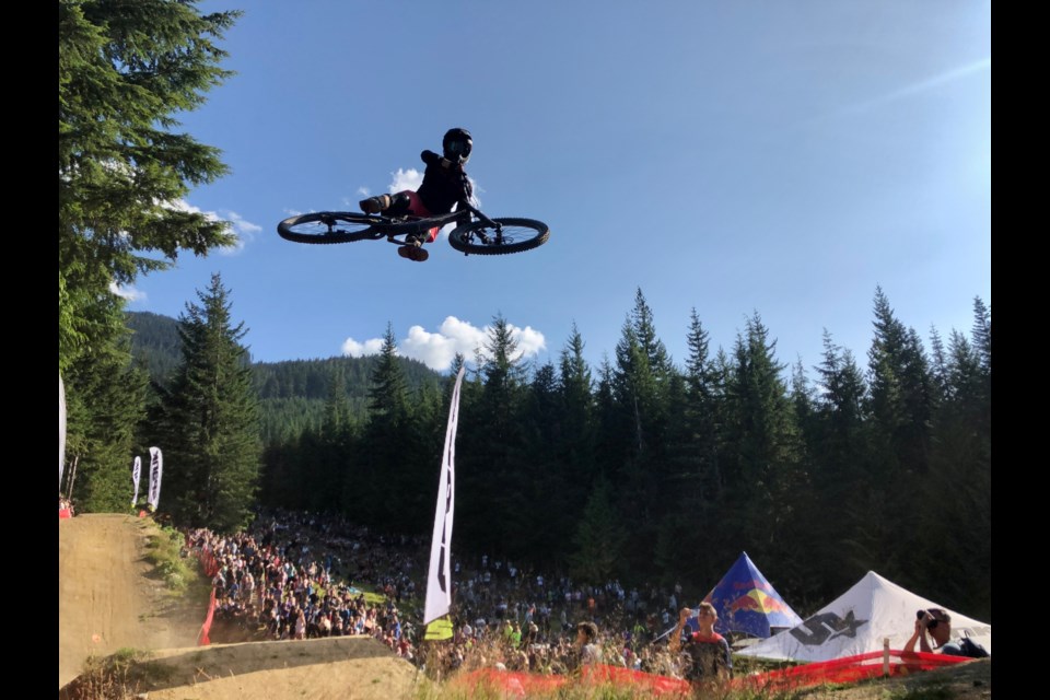 A rider gets sideways during the Crankworx Whistler Whip-Off World Championships in 2019. 