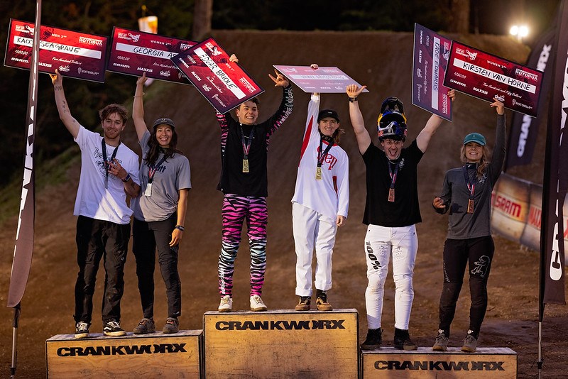 Georgia Astle (second from left) stands on the podium after finishing second at the 2023 Crankworx Whip-off. 