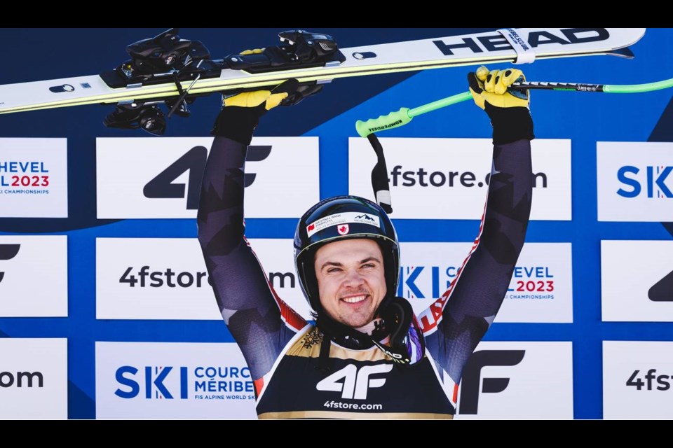 Jack Crawford of Whistler Mountain Ski Club stands victorious at the 2023 FIS World Championships in super-G on Feb. 9. 