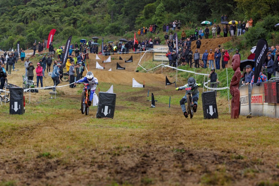 Jakob Jewett (left) edged out Jackson Frew for dual slalom gold at Crankworx Rotorua on March 23, 2024. 