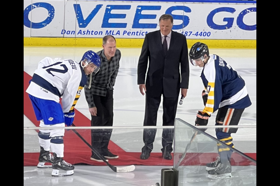Kai Daniells of the Nanaimo Clippers at the 2023 BCHL All-Star game along with Vancouver Canucks alum Brendan Morrison. Photo submitted by Kasi Lubin.