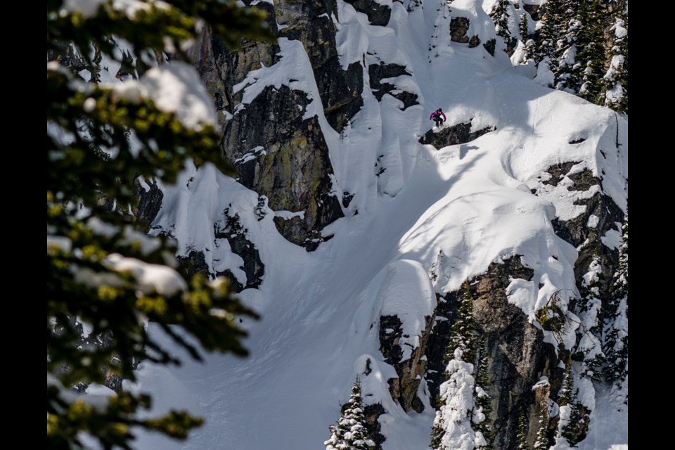Whistler’s Leanne Pelosi drops off a cliff during the second leg of the 2021 Natural Selection Tour at Baldface Lodge. 