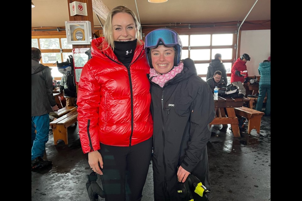 Lindsey Vonn greeted Whistler Mountain Ski Club athlete Liv Heyries (right) and several of her peers during Teck BC Coast Zone action from Feb. 23 to 25, 2024.