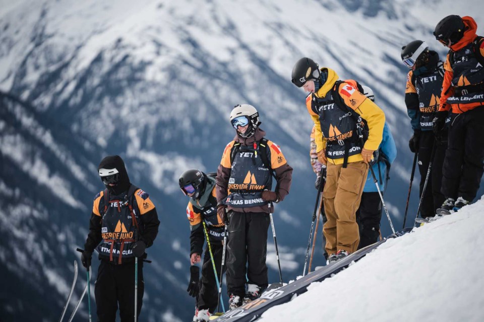 Lukas Bennett (middle) inspects the slopes alongside teammates Kane Gascoigne (left) and Kieren Ferguson (right) at the 2024 Freeride Junior World Championships.
