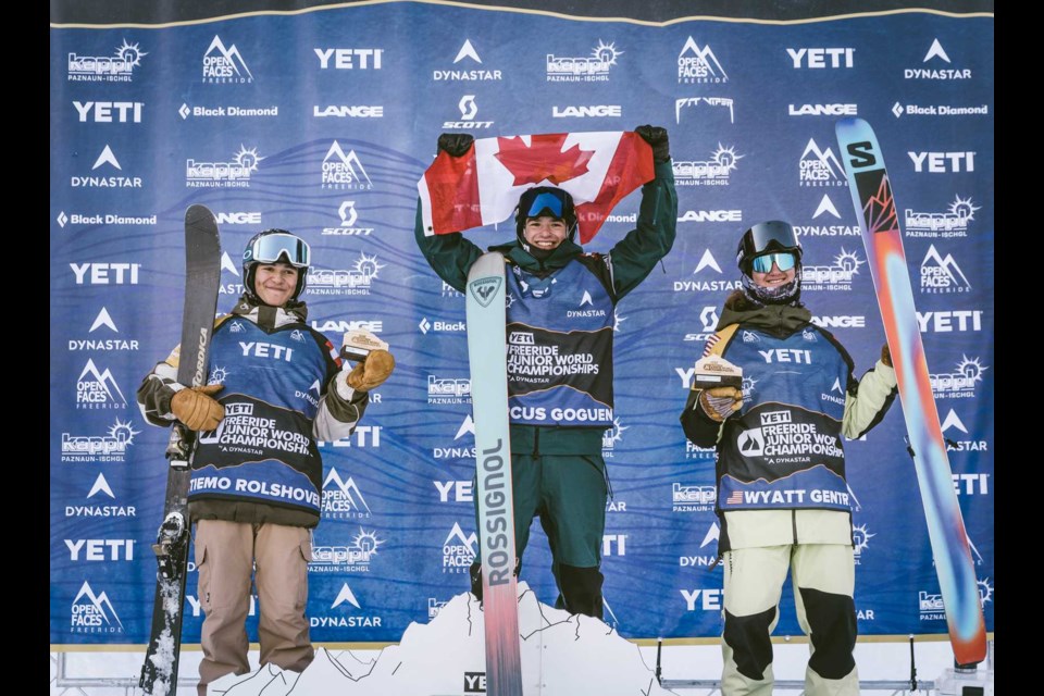 Marcus Goguen of Whistler stands proudly atop the podium after winning the 2023 Freeride Junior World Championships. 