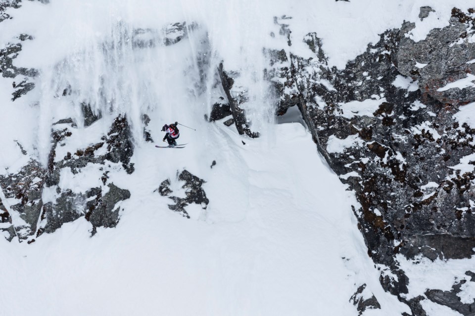 Marcus Goguen hits a massive drop during the Freeride World Tour finale in Verbier, Switzerland on March 22, 2024.