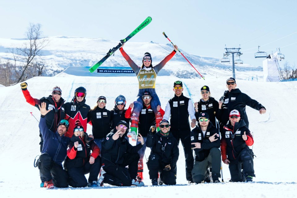 Marielle Thompson (centre) and the Canadian ski cross team at the World Cup race in Bakuriani, Georgia on Feb. 11, 2024.