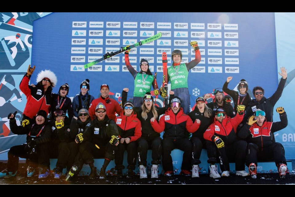 Marielle Thompson (back left) and Reece Howden celebrate winning the first mixed team ski cross silver medal in World Championships history. 