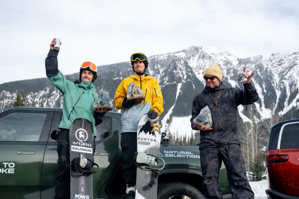 2024 Natural Selection Tour men's medallists, left to right: Nils Mindnich, Mikey Ciccarelli and Travis Rice. 