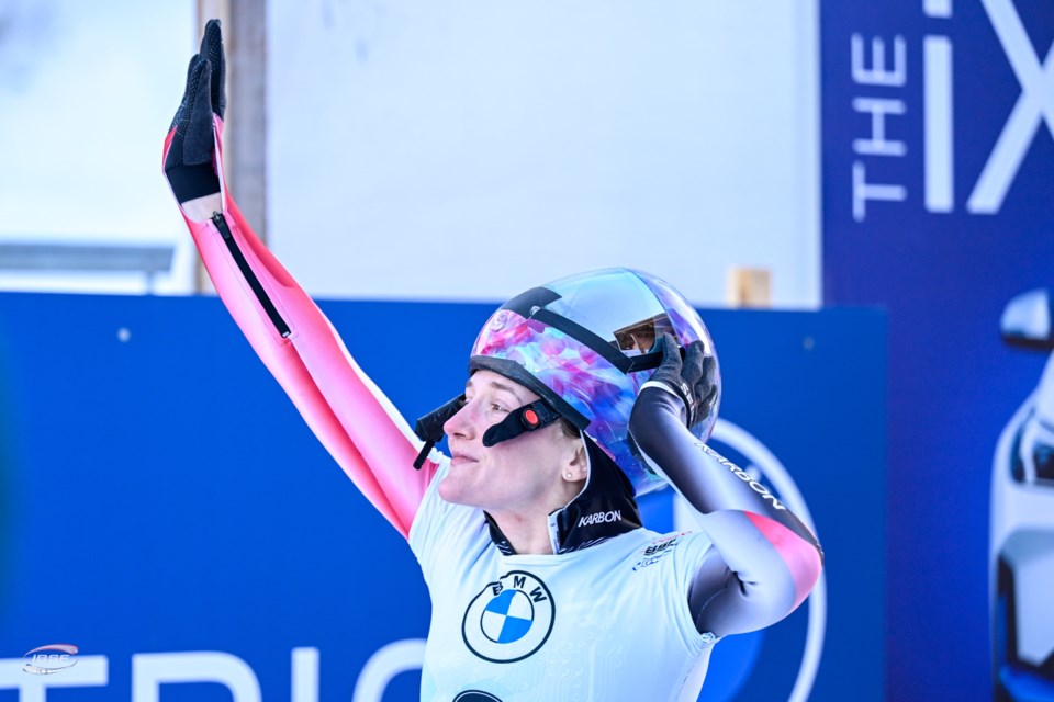 Canadian skeleton racer Mirela Rahneva stands on the podium in St. Moritz after winning her first IBSF World Championships medal, a bronze, on Jan. 27. 