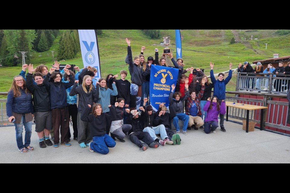 The Pemberton Secondary School mountain bike team celebrates after winning provincials in 2023.