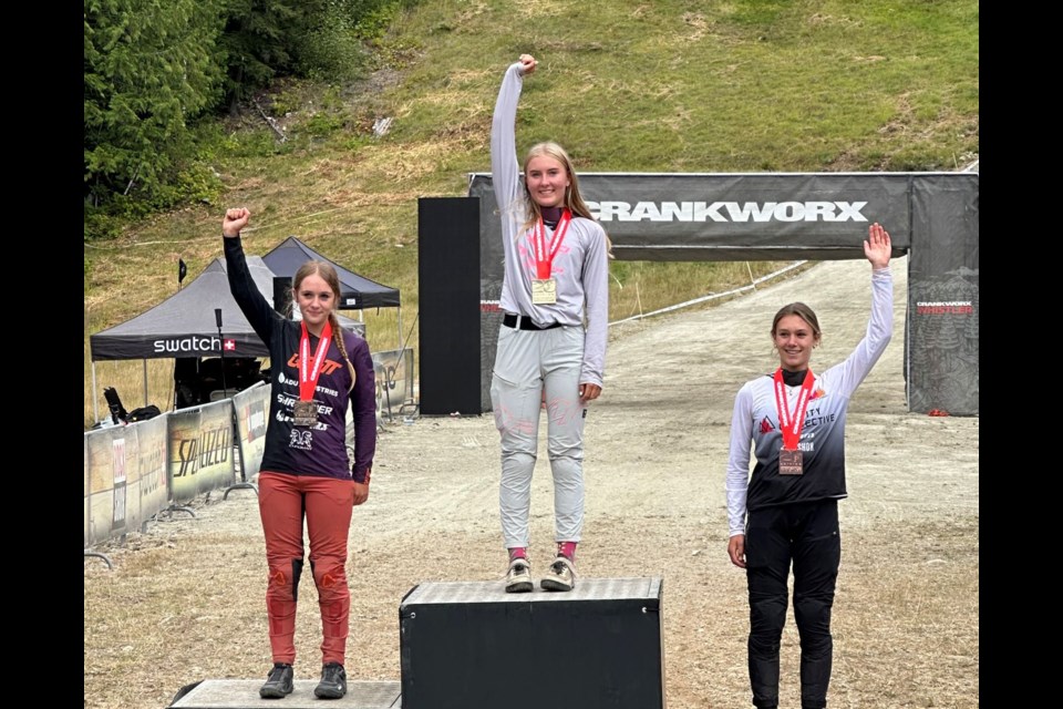The 2025 RockShox Canadian Open DH U17 girls podium, left to right: Addison Rutherfurd, Ruby Wells and Raina Logar.