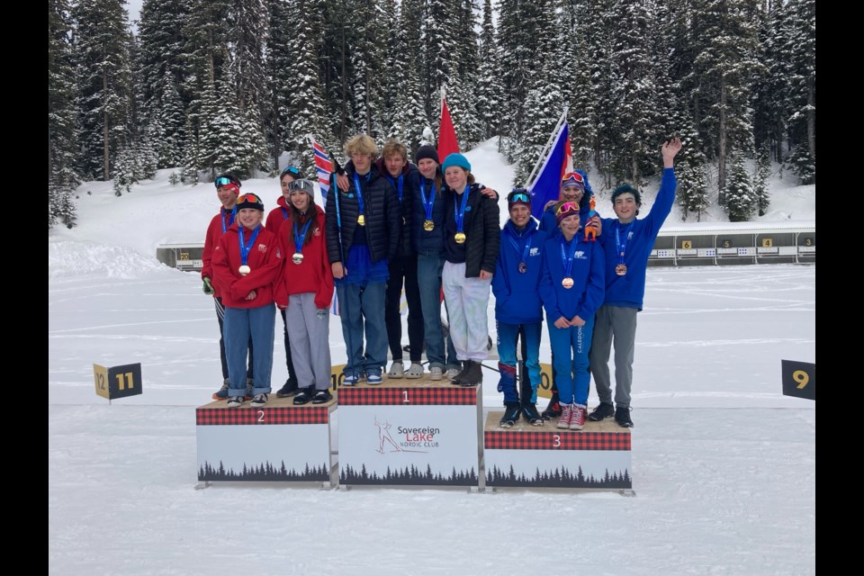 Sea to Sky biathletes pose with their medals at the 2023 BC Winter Games in Vernon.