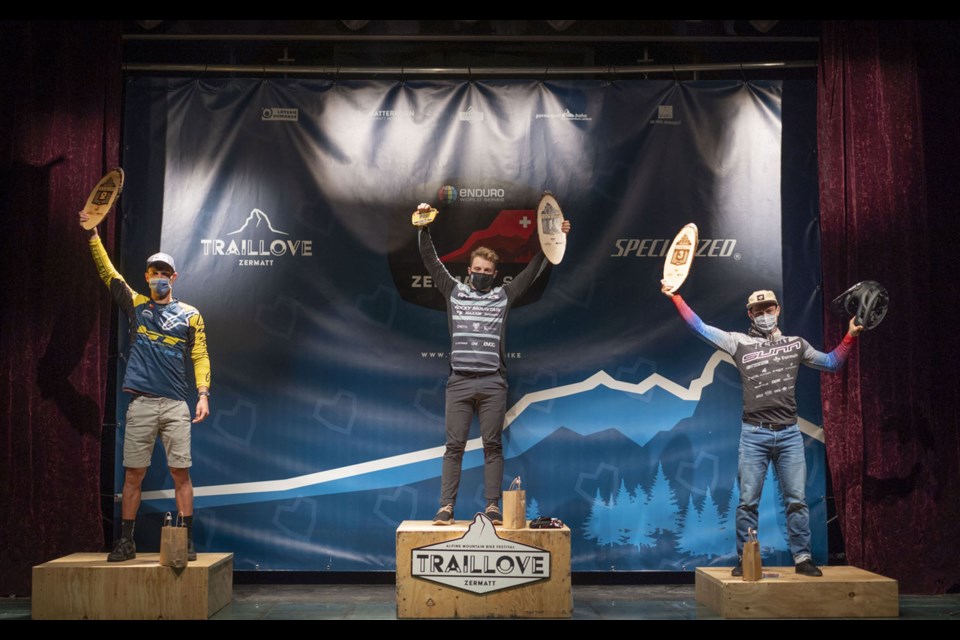 Jesse Melamed (centre) took the Enduro World Series win at Zermatt, Switzerland on Aug. 30. Photo by Duncan Philpott/Enduro World Series