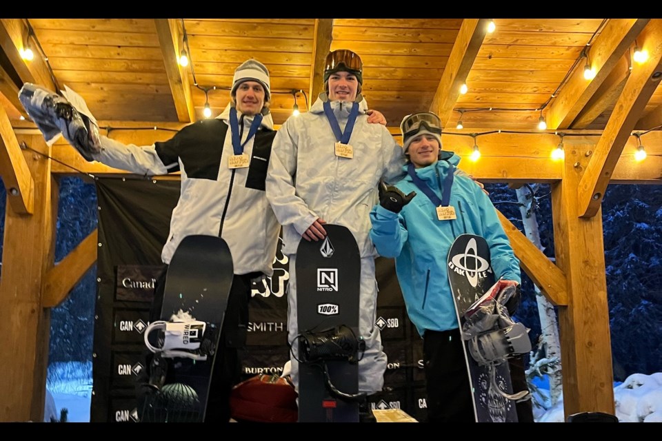 Lane Weaver (left), Tosh Krauskopf (middle) and Finn Finestone swept the men's slopestyle podium at the Sun Peaks Nor-Am event on Jan. 17, 2024. 