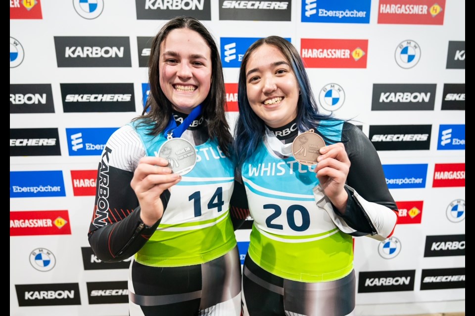 Embyr-Lee Susko (Whistler, BC) and Midori Holland (Whistler, BC) take home the silver and bronze medals respectively in the women’s  Nations Cup ahead of the Eberspächer Luge World Cup in Whistler, BC on December 14, 2023. 