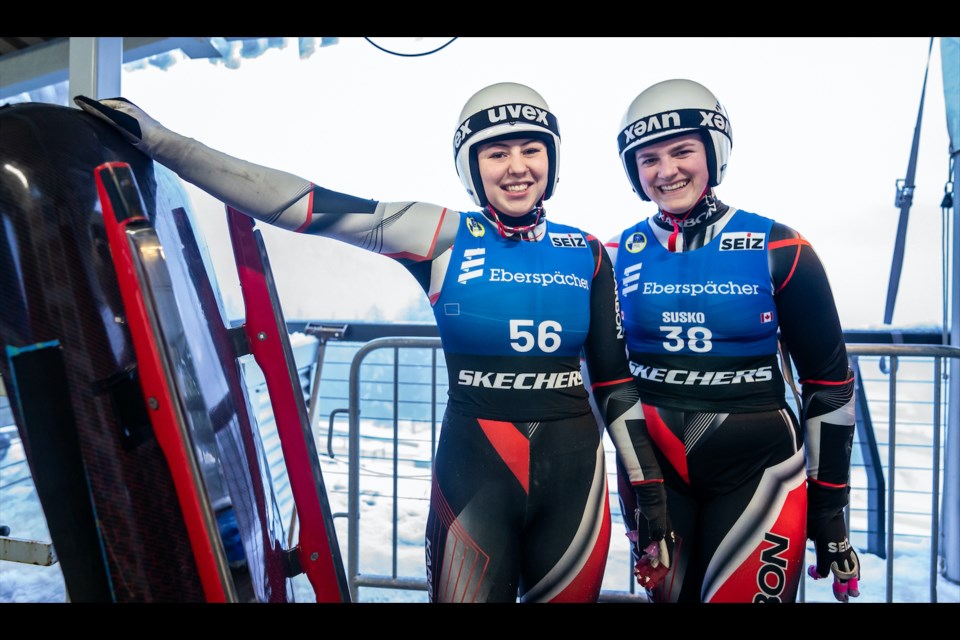 Embyr-Lee Susko (right) and Beattie Podulsky placed 7th in their first doubles World Cup race in Whistler on Dec. 15, 2023. 