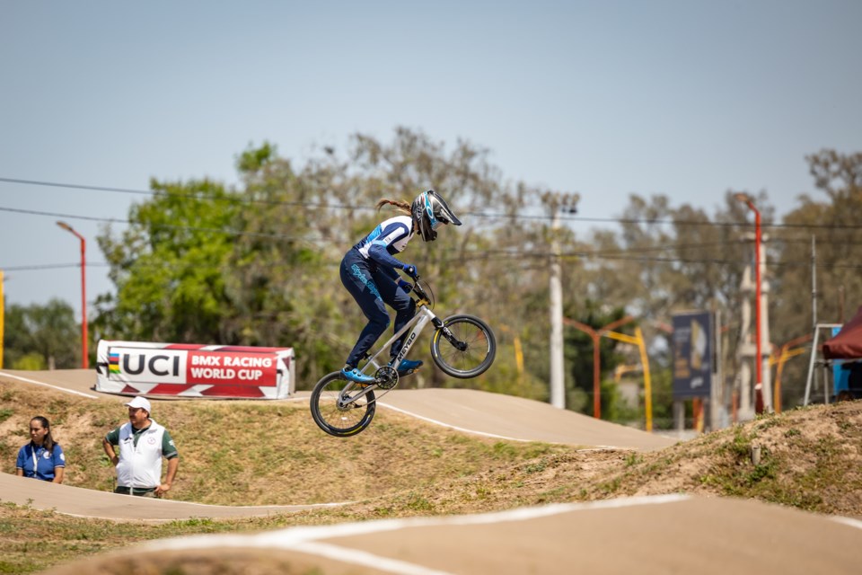 Teigen Pascual gets some air during a 2023 UCI race in Santiago del Estero.