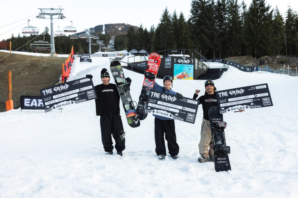 Men's snowboard podium from The Grind Whistler on April 12, 2025.