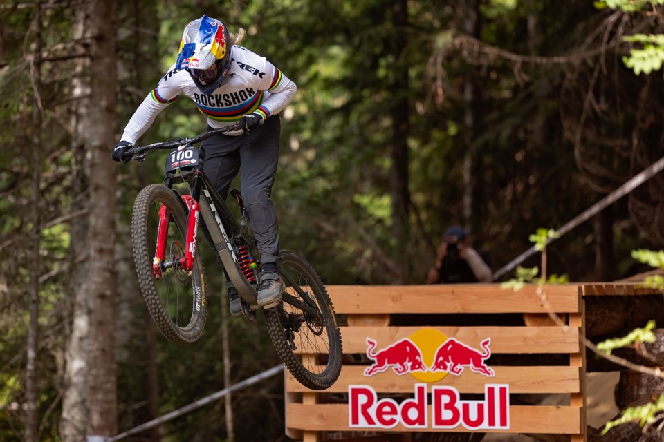 Valentina Höll of Austria launches herself to victory at the 2023 Canadian Open DH. 
