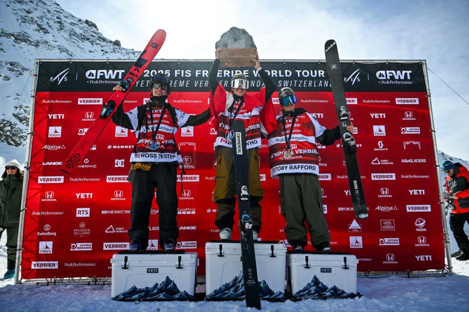 2025 men's ski podium at the Yeti Xtreme Verbier, left to right: Ross Tester, Wei Tien Ho and Toby Rafford.