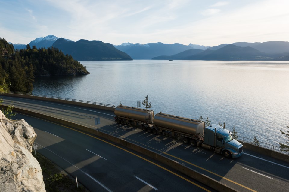 A transport truck is pictured driving on the Sea to Sky highway south of Squamish, B.C.