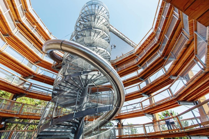 Interior of the spiral ramp, slide and adventure net in the tower at the Malahat Skywalk. 