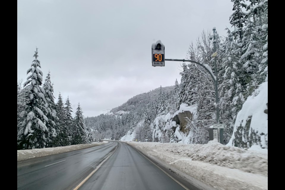 The Sea to Sky highway south of Whistler was covered in snow on Jan. 2, 2022. 