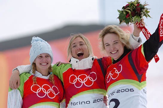 Canadian Dominique Maltais, right, won bronze in women's snowboard cross Friday, Feb. 17. Swiss Tanja Frieden, middle, won gold and Lindsey Jacobellis, U.S. silver. Photo by Matt Crossman