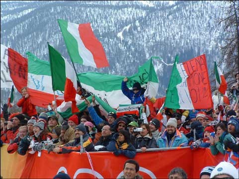 Italian fans cheer at the women's downhill in San Sicario.