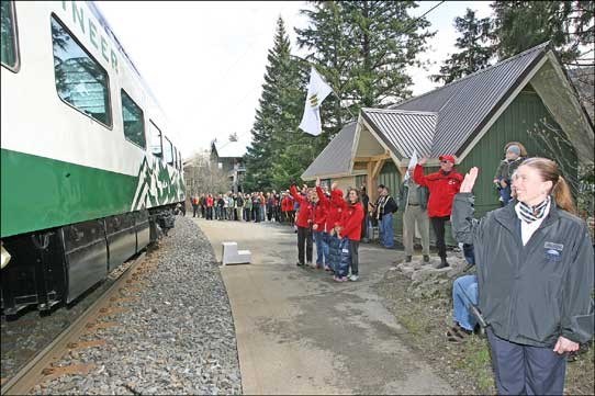 Crowds greet Whistler Mountaineer as it pulls into Creekside May 1. Photo by Maureen Provencal