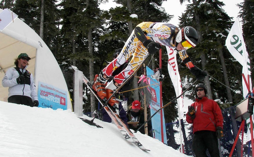 MORE COW BELL One of Canada's top young competitors springs out of the Ptarmigan start gate at the Rio Tinto Whistler Cup on Sunday. Photo by John French