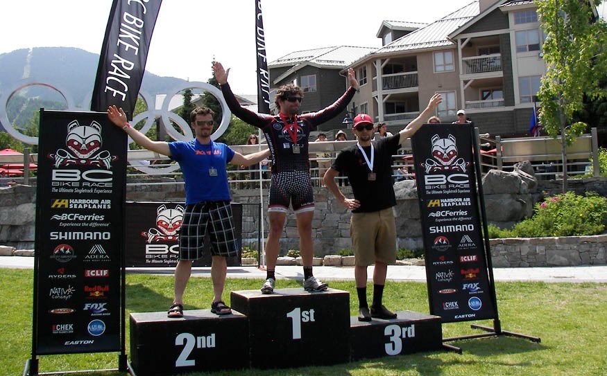 WHISTLER WINNERS Neal Kindree placed third in the Whistler Stage of the BC Bike Race but claimed the top overall spot ahead of Chris Sheppard (first in Whistler) and Cory Wallace (second in the final stage). Photo by John French