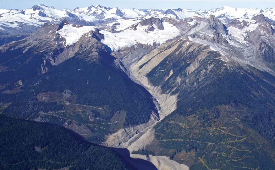 After the Mt. Meager slide – A vivid reminder of the power of nature, an enormous rock and debris landslide (50 million cubic metres in size) swept from Mt. Meager through Capricorn Creek on Friday, Aug. 6, 2010. Photo by Frank Bauman