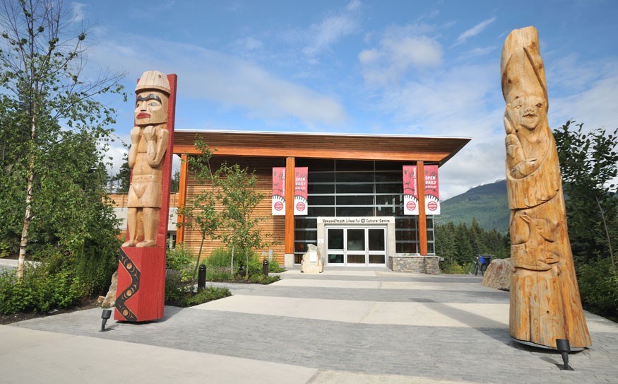 Traditional welcome figures greet guests at the front entrance of the Squamish Lil'wat Cultural Centre, in Whistler. Photo: Gary Fiegehen