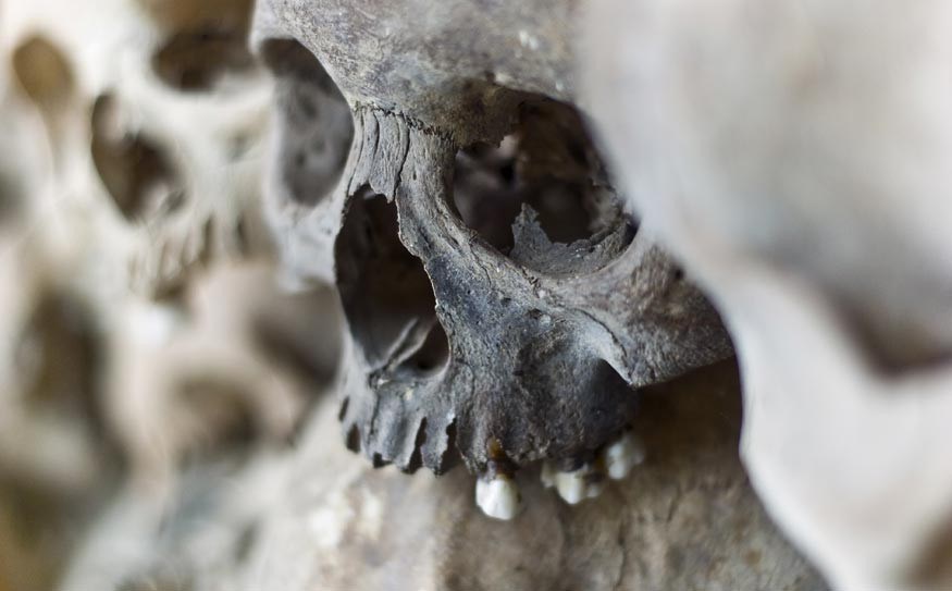 A Buddhist stupa houses the exhumed skulls of the victims of the Khmer Rouge on 17 glass-encased levels