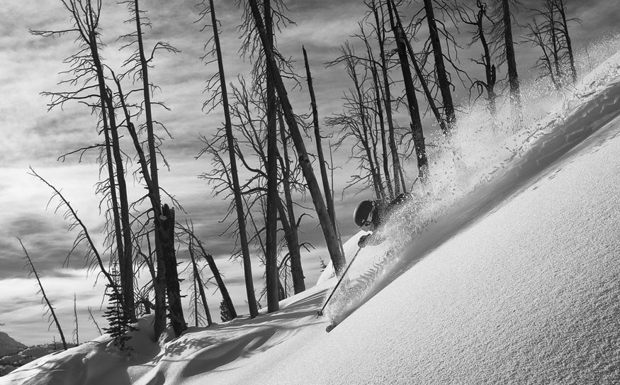 Skiing powder on one of Backcountry Snowcat's signature runs 'Black Forest'. Photo by Paul Morrison