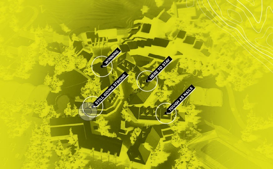 An original Eldon Beck 3D model of Whistler Village, circa 1979. (Highlighted buildings are a random graphic representation and not indicative of actual businesses discussed in this feature). Photo courtesy of Whistler Museum and Archives.