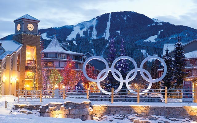 Olympics Rings in Olympic Plaza. Photo by Mike Crane, courtesy of Toursim Whistler