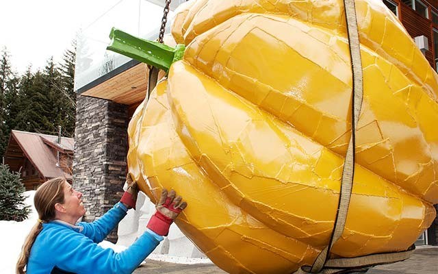 All in the delivery With the help of a crane, metal sculptor Christina Nick moves her large steel pumpkin as she takes it to its new home in White Gold, Whistler. Photo by David Buzzard/david <a href="http://buzzard.com/">buzzard.com</a>