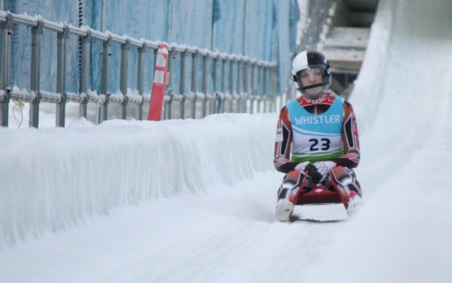 Calgary luger Rachel Klassen reacts after her second run of the day at Whistler Sliding Centre on Friday. Klassen finished eighth. Photo by Dan Falloon