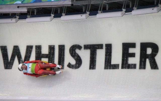 The Russian duo of Evgeny Evdokimov and Alexey Groshev compete in the junior doubles event at Whistler Sliding Centre on Thursday. Photo by Dan Falloon