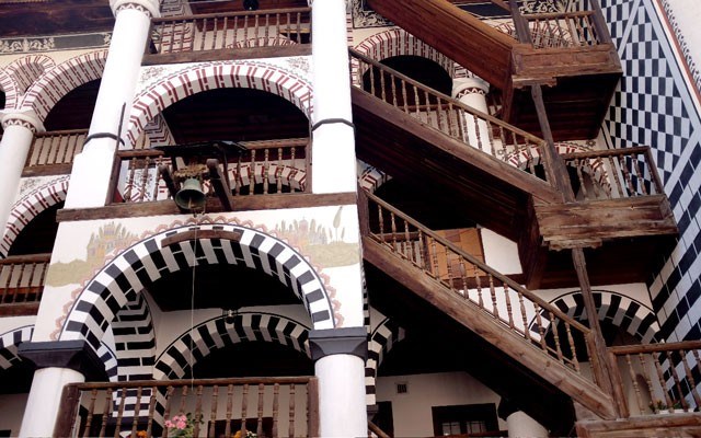 One of the fantastic tiered facades of the Rila Monastery building. Photo by Alison Appelbe