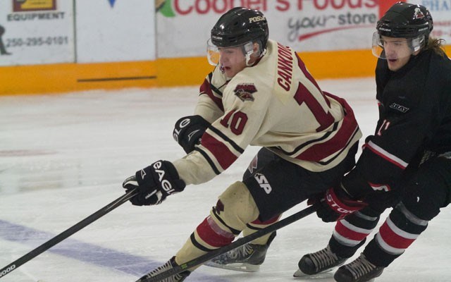 PARTY POSSE Whistler hockey player Thomas Cankovic is making an impact as the top rookie with the KIJHL s Princeton Posse this season. Photo by BOB MARSH